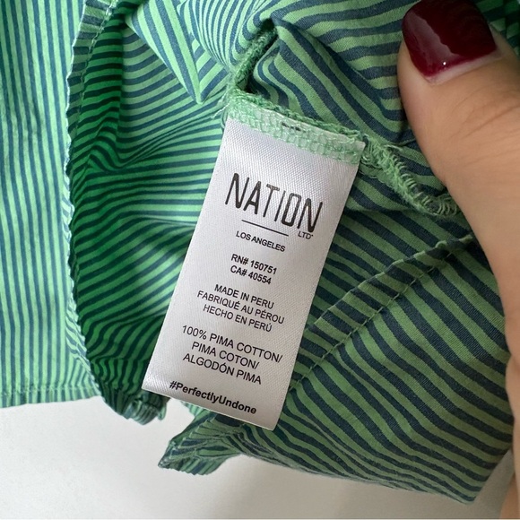 Nation LTD Geneva Blouse Havana Green Poplin Puff Sleeve Button Down Size Small - Picture 9 of 10